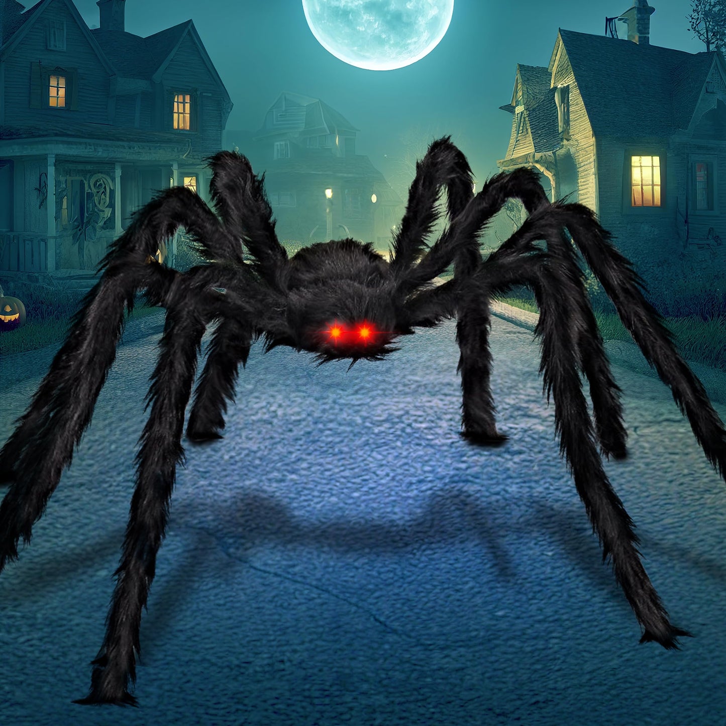 JOYIN 6.5ft Halloween Spider Outdoor Decorations, Light-up LED Eyes Scary Giant Fake Large Hairy Spider Props for Halloween Yard Lawn Decoration, Indoor Party Supplies and Outside Decor, Black