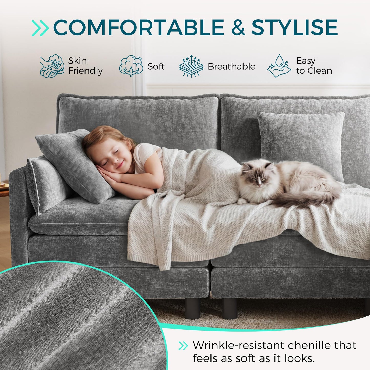 LINSY HOME 129'' Modular Sectional Sofa 4 Seat Couch Chenille Cloud Couch with Deep Seat, U Shaped Couch with 2 Movable Ottoman for Living Room, Office, Bedroom, Grey(Pillows Included)