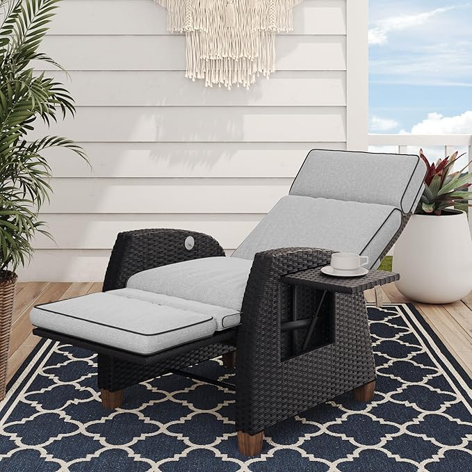 Grand patio Outdoor Recliner Chair Patio 150° Lay Flat Recliner with Flip Table Wicker Reclining Lounge Chair, Griege