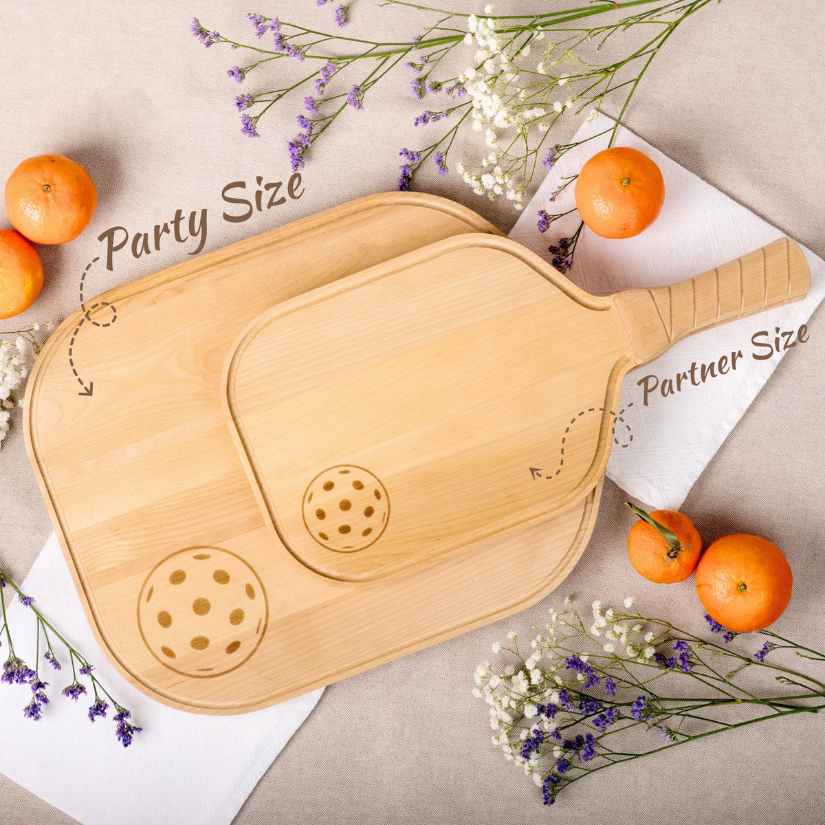 DinkCraft Pickleball Charcuterie & Cutting Board, Pickleball Gift, Partner Size - 17 x 8.5 x 0.75”, Birch Wood, Paddle Shape with Handle, Mineral Oil Finish