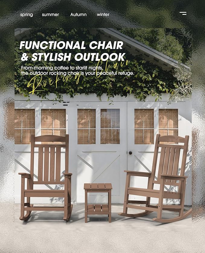 KINGYES HDPE Outdoor Rocking Chair Set of 4, All-Weather Poly Patio Rocking Chairs with 330lbs Support for Adults, Brown