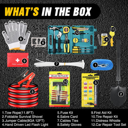 Nilight Car Emergency Kit with Jumper Cable, Foldable Shovel and Tow Rope, Safety Assistance for Travel Camping Outdoor Cars Truck SUV RV, Roadside Essentials with Tool Sets Tire Repair Fuse Kit