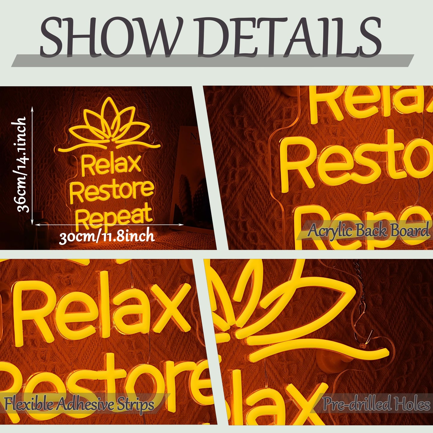 Relax Restore Repeat Neon Sign for Wall Decor Lotus Flower LED Neon Light Dimmable Relax Light Sign for Spa Gym Living Room Yoga Studio