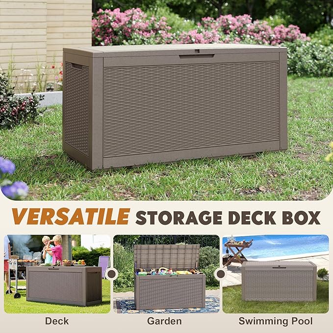 Outdoor Storage Box, Resin Deck Boxes Indoor and outdoor, Waterproof Storage Box Lockable Lid (Grey, 110 Gallon)