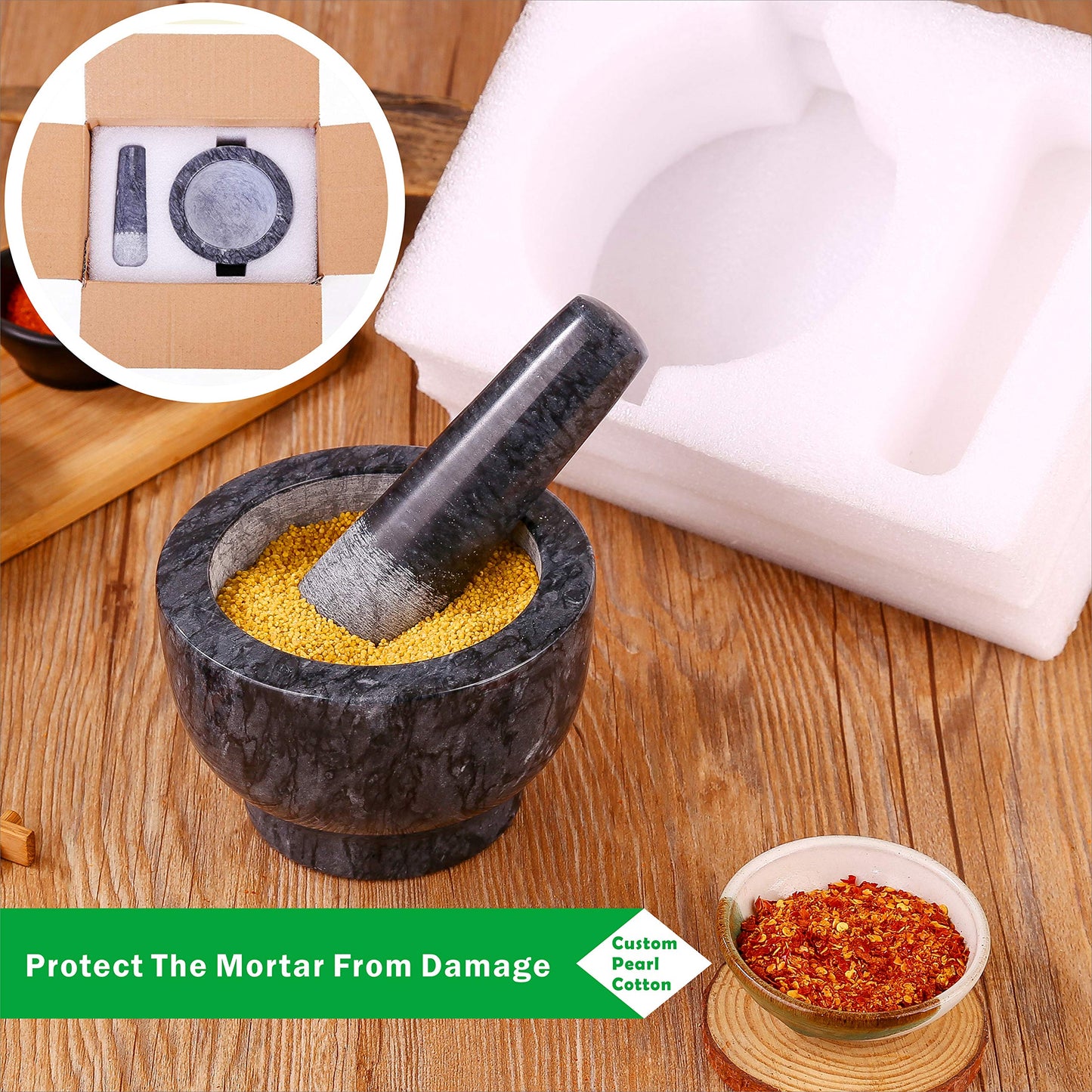 Aisiming Mortar and Pestle Set Polished Natural Marble Guacamole Molcajete Bowl, Spices Grinder with Silicone Pad, Stainless Steel Spoon and Brush, 300ml Capacity Crusher(Medium, Dark Gray)