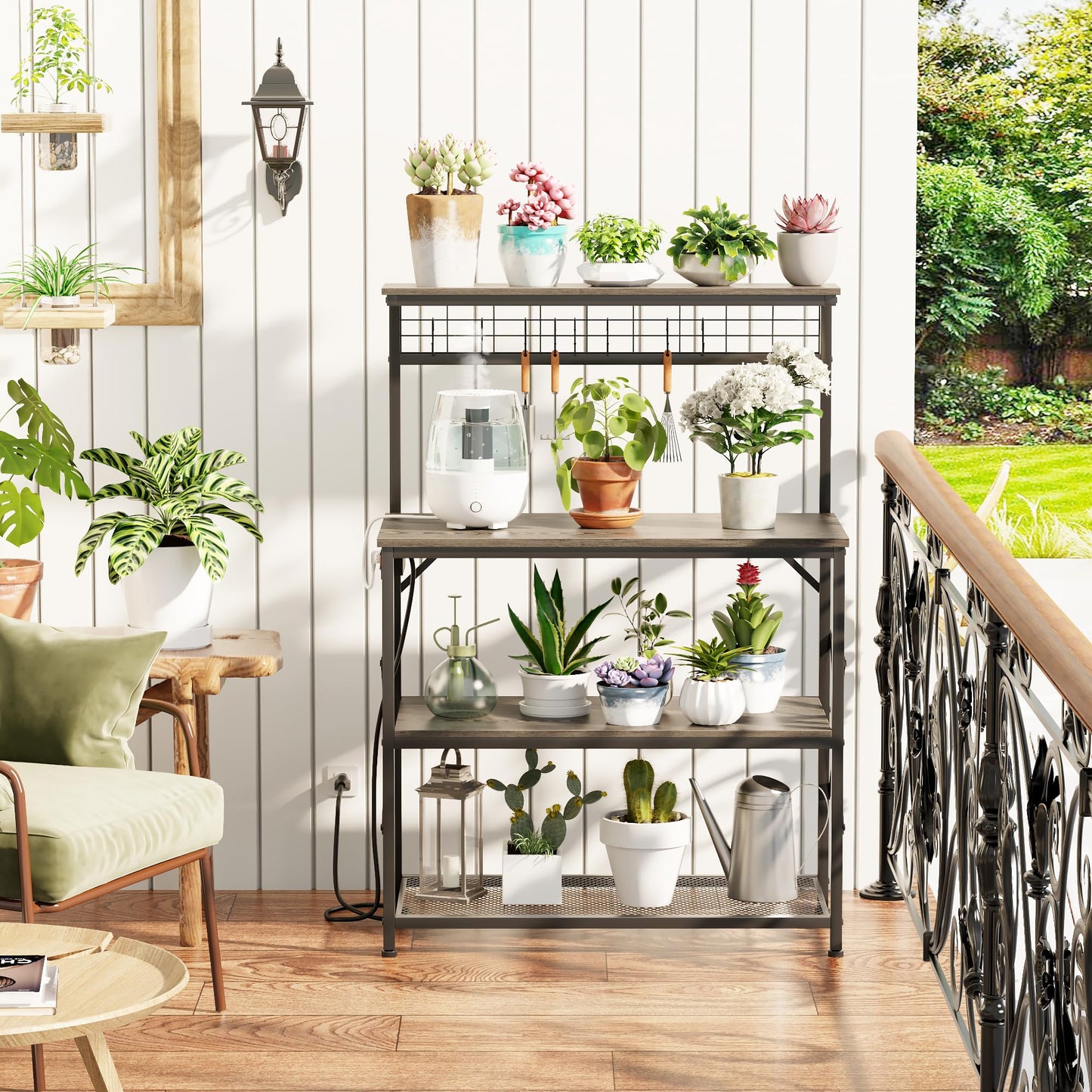 Furologee Kitchen Bakers Rack with Power Outlet, Microwave Oven Stand with Storage 4 Tiers, Coffee Bar Table with 6 S Hooks, Kitchen Storage Shelf Rack for Spices, Pots, Rustic Brown