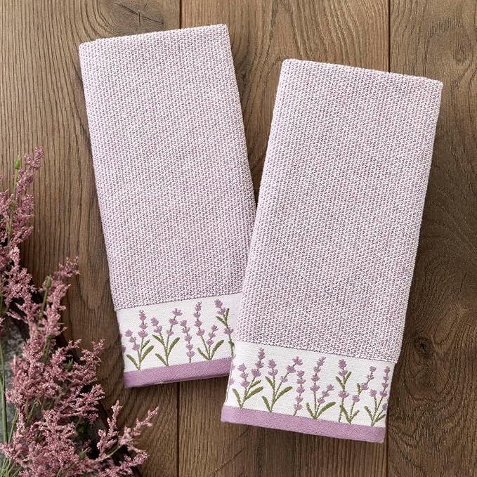 SKL Home Lavender Border 100% Cotton Jacquard 2pc Hand Towel Set, Embroidered &