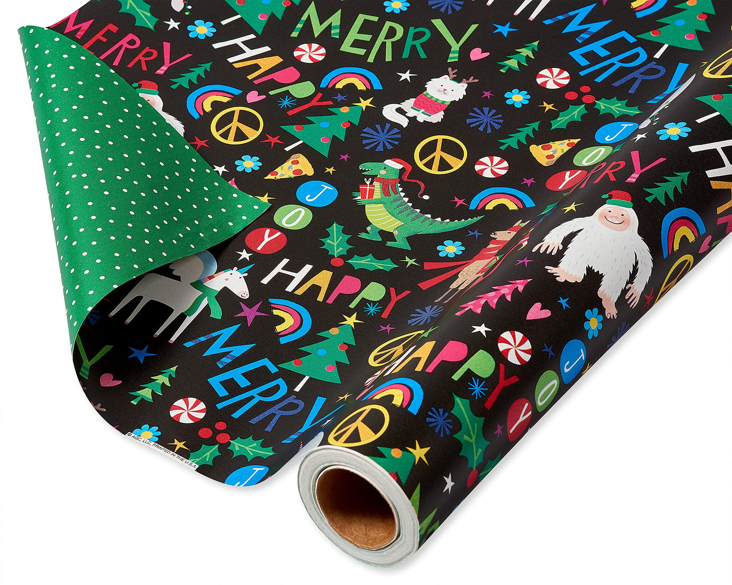 American Greetings Jumbo Kids Christmas Wrapping Paper Roll, Dinosaur, Unicorns, and Yetis Holiday Gift Wrap (175 sq. ft., 1 Extra Large Reversible Roll-30 in. x 70 ft.) Colorful, Black, Green