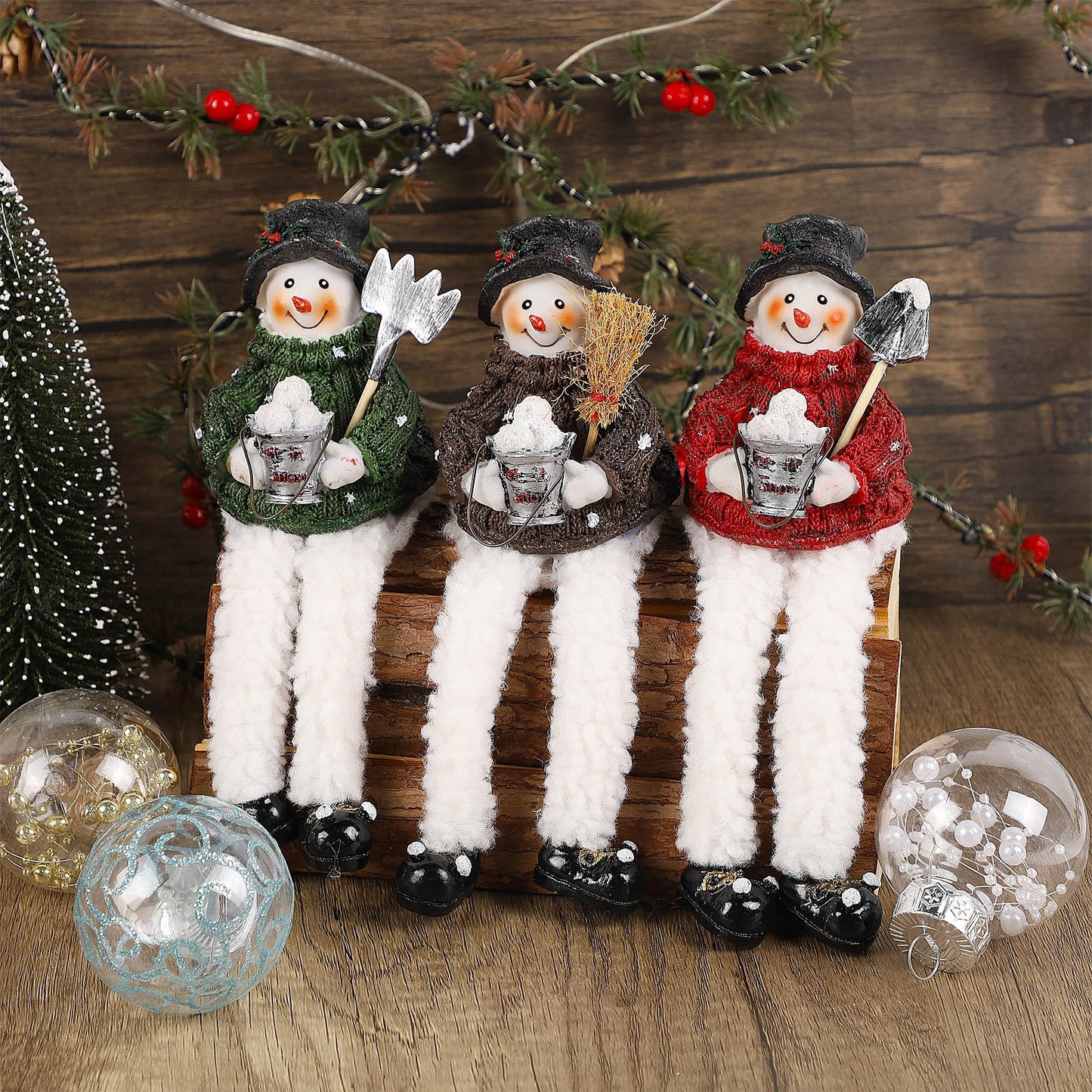 Lulu Home Christmas Snowman Decorations - 3 Pack Resin Snowman Shelf Sitters with Plush Dangling Legs for Winter Xmas Tabletop Mantel Fireplace Home Holiday Decor