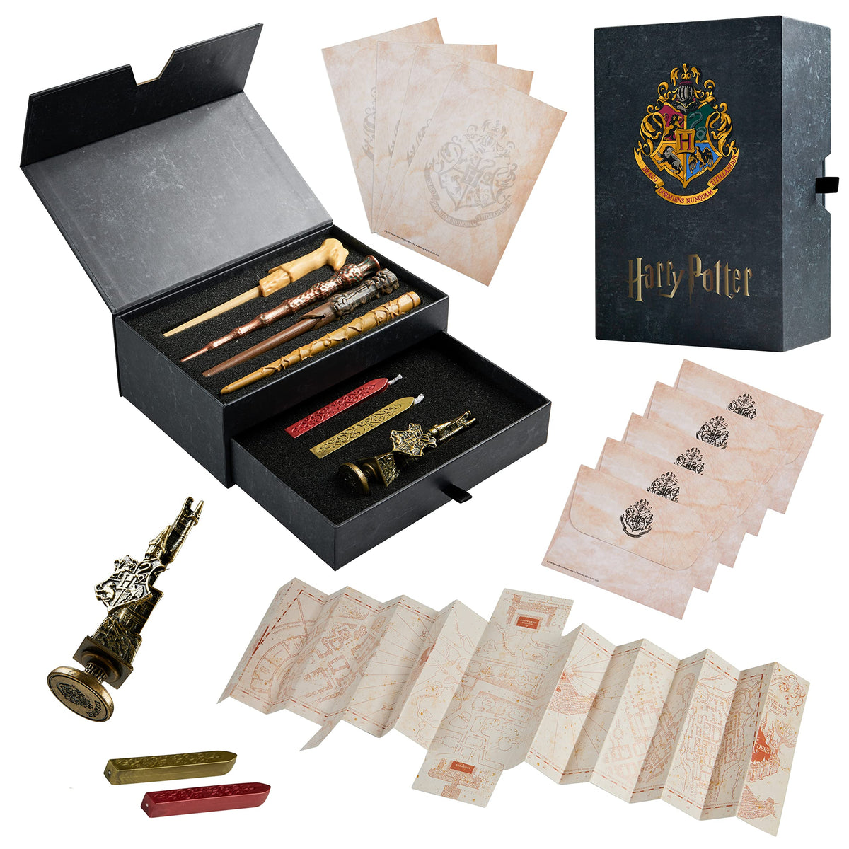 Harry Potter Gifts Writing Set with Wand Pens Stationery Box for Boys Girls Teens Kids Adults with Marauders Map Envelopes Paper Wax Stick Stamp