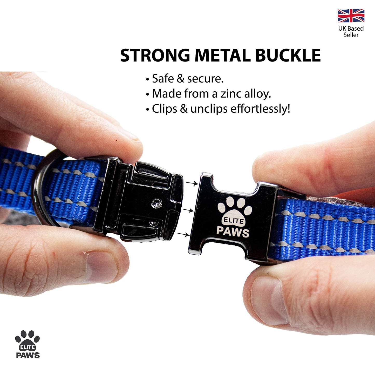 Elite Paws™ UK: Premium Metal Buckle Dog Collar, Strong, Safe, Padded, Comfortable, Reflective, Adjustable, Secure Fit with Metal Lead Attachment, Puppy Walking/Training Product (30cm-35cm, Blue/Grey)