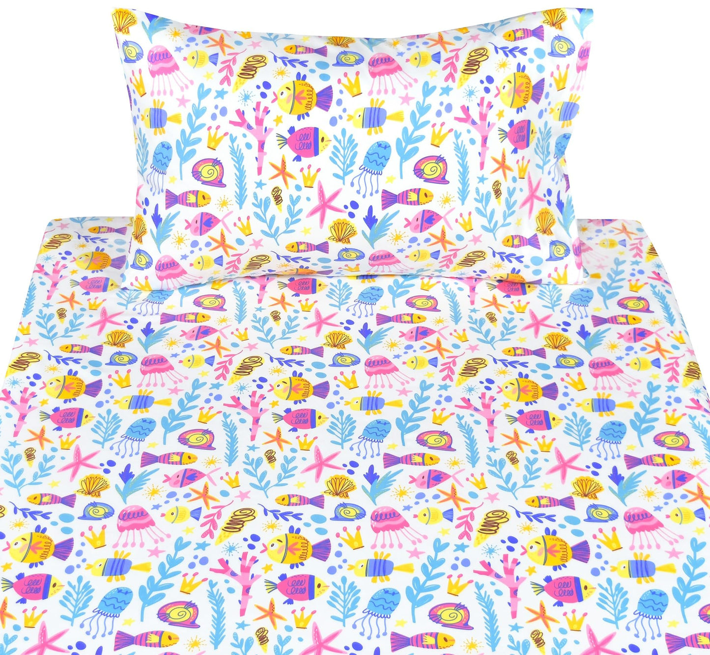 Scientific Sleep Pink Sea Ocean Fairy Tale Fish Jellfish Conch Coral Painting Childlike Twin Bed Sheet Set 100% Cotton Flat Sheet & Fitted Sheet & Pillowcase Natural Bedding Set for Kids Girls