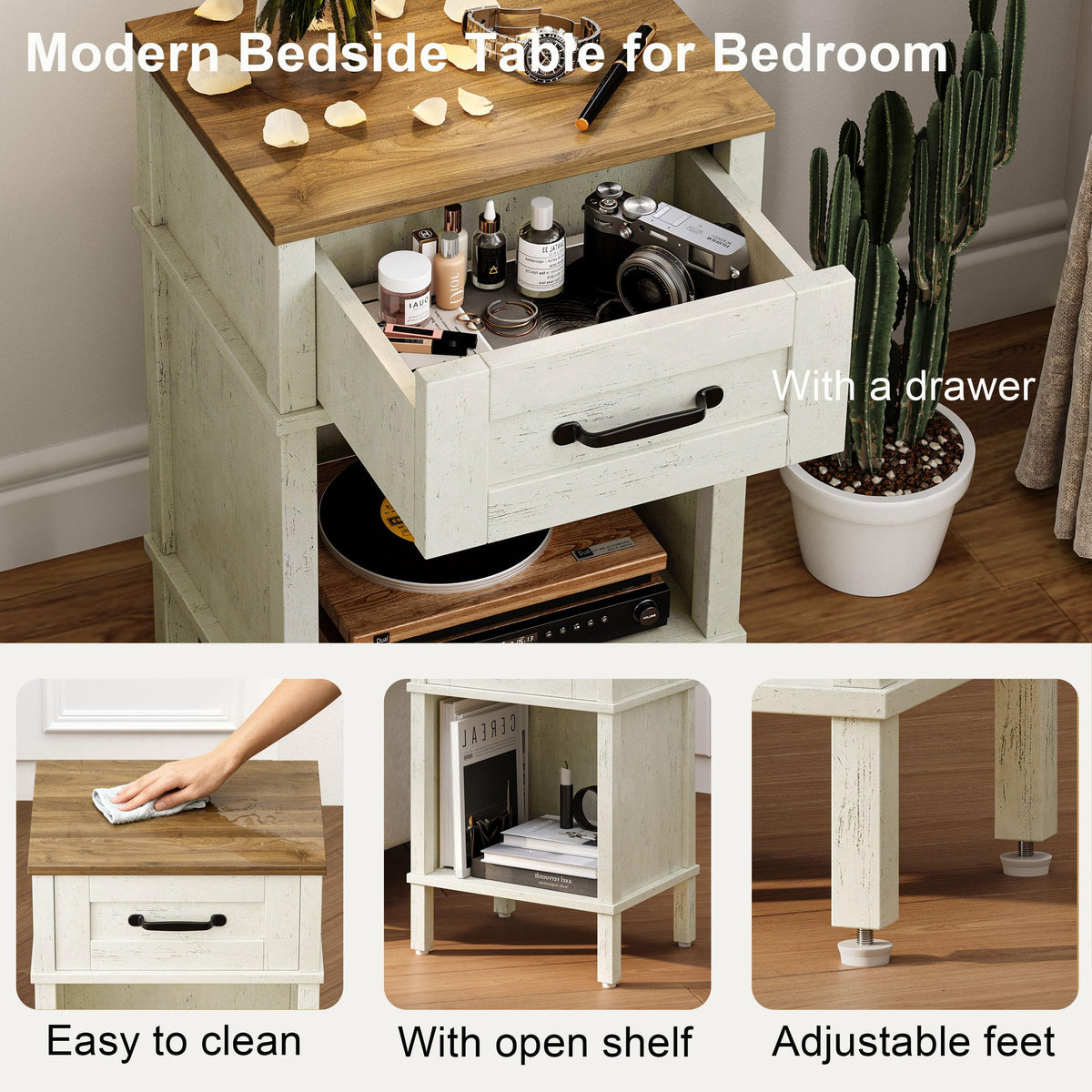 YAUKTAK White Farmhouse Nightstand with Drawer, Small Wooden Bedside Table, White End Table, Bedroom Side Table with Storage, Rustic Wood Night Stand LET512WR