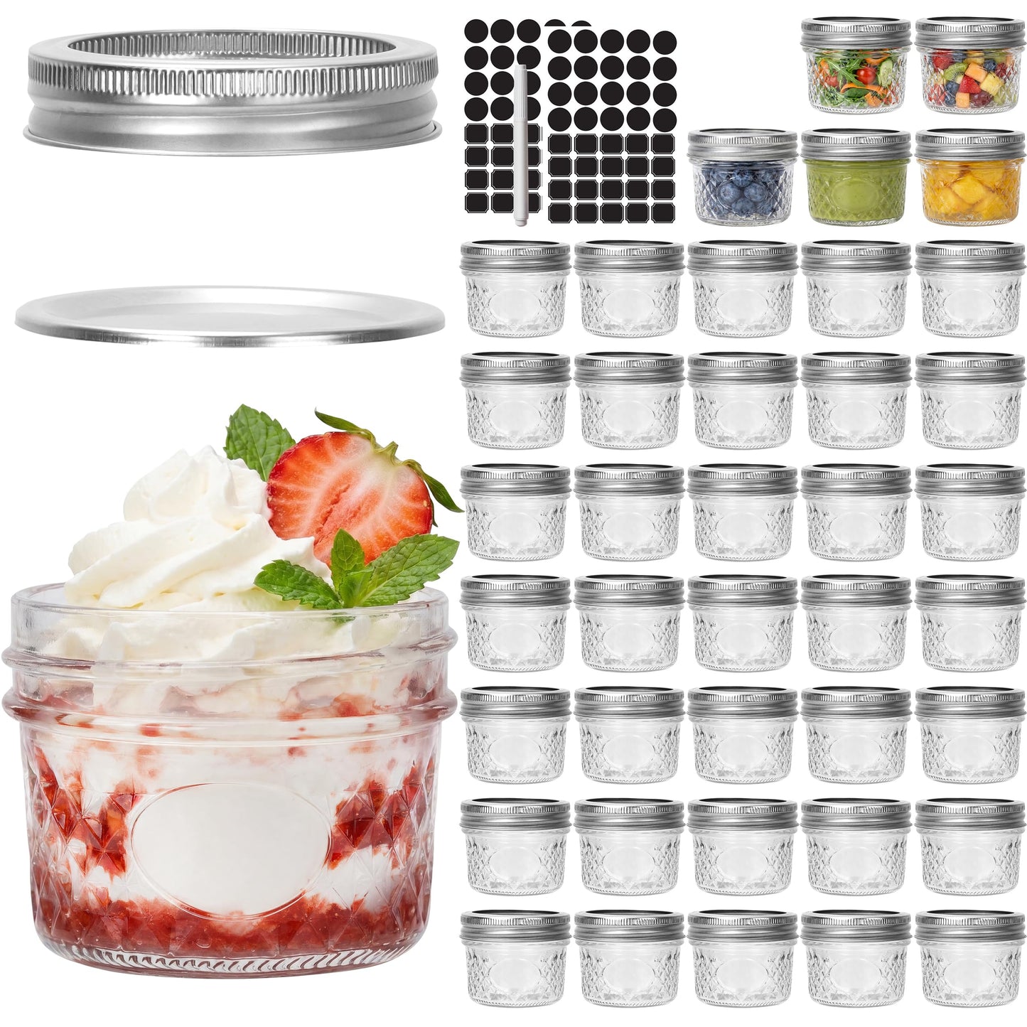 CycleMore 40 Pcs 4oz Clear Glass Mini Mason Jars With Silver Separable Lids and Diamond appearance, Small Spice Canning Jars for Honey, Jam, Jelly, Wedding Favors, Kitchen Food Storage