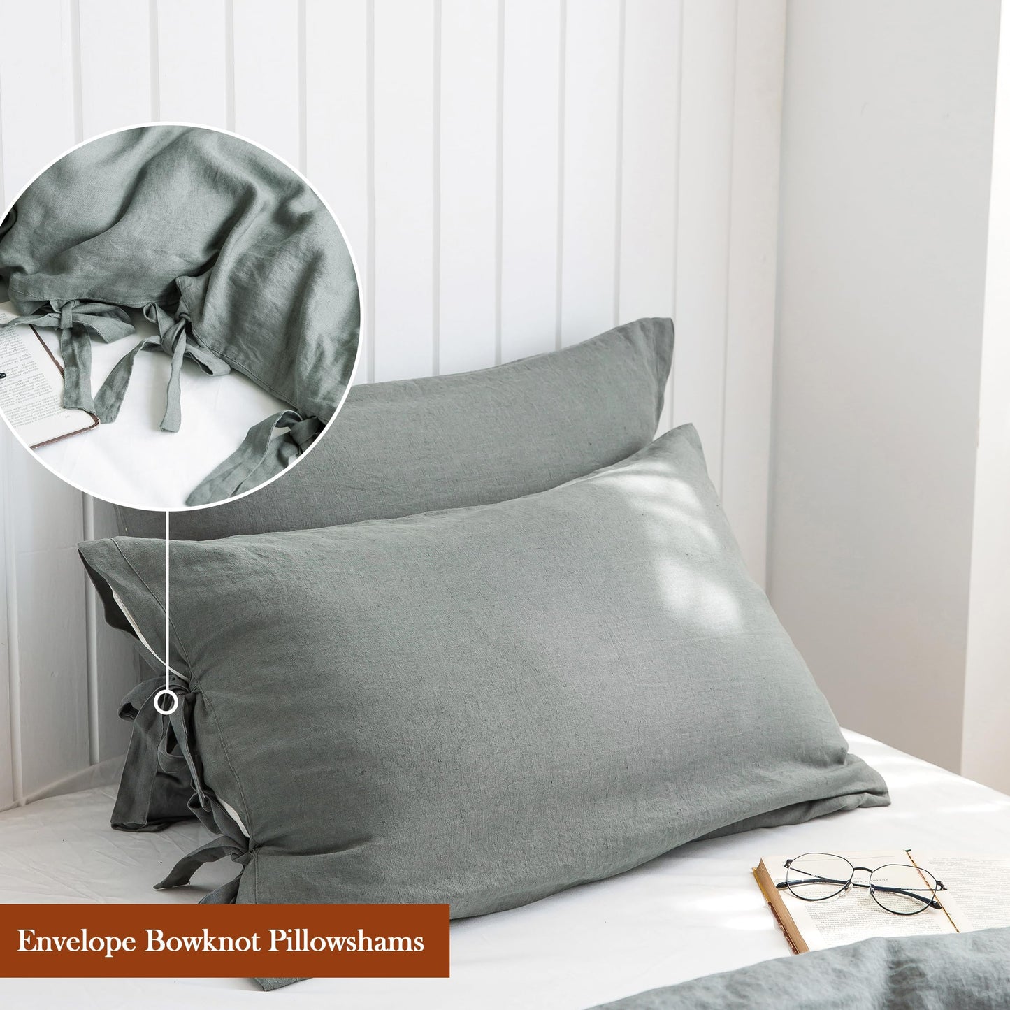 Simple&Opulence 100% Linen Duvet Cover Set, 3 Pieces Belgian Flax Breathable Bedding, King Size 104''x92'' (1 Comforter Cover+2 Pillowshams) with Tie Closure Style,Greyish-Green