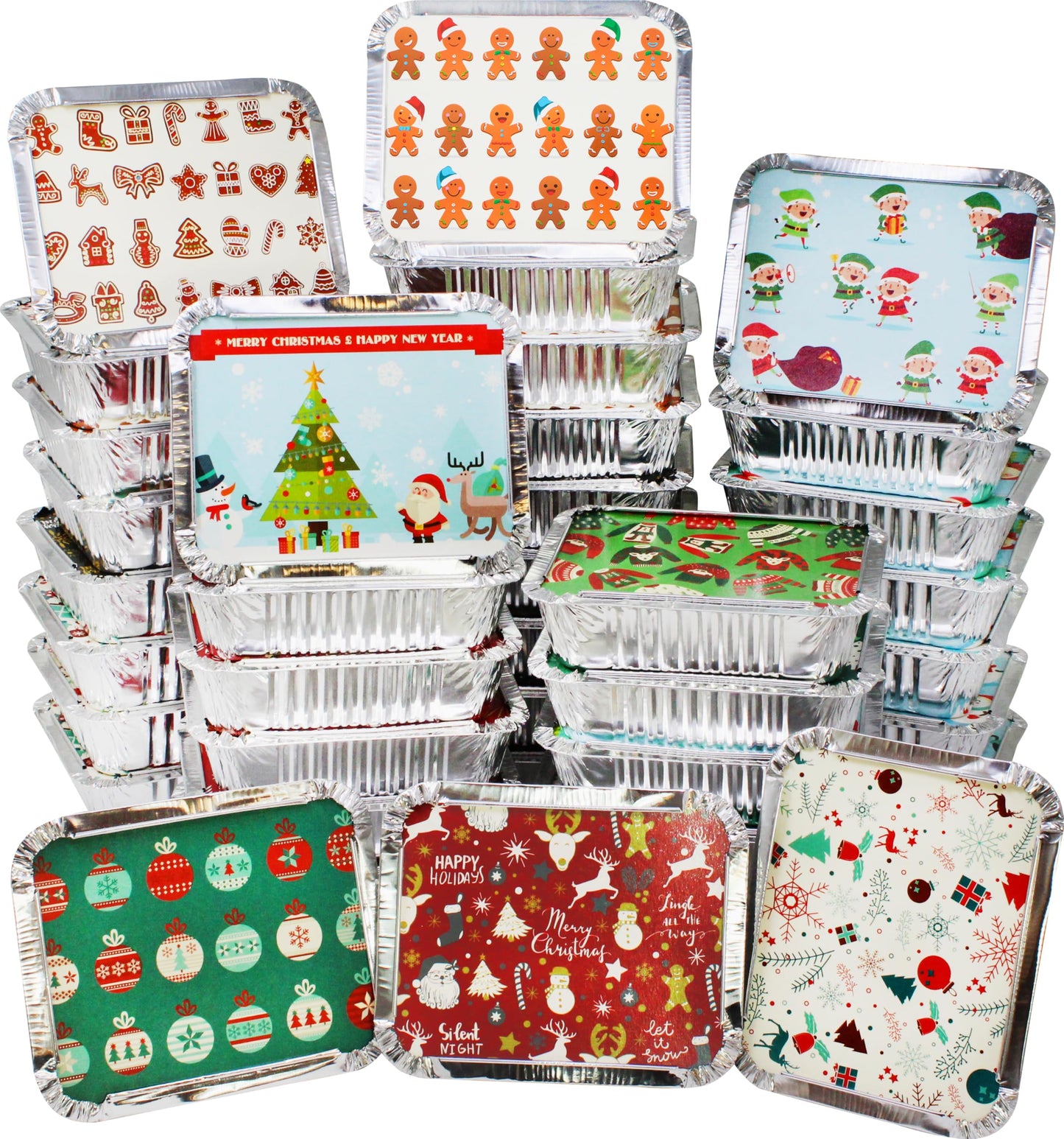 JOYIN 48 Pcs Christmas Cookie Tins with Lids for Gift Giving, Rectangular Treat Foil Containers, Disposable Food Storage Pan for Holiday Leftovers Goodie Container or Cookie Exchange
