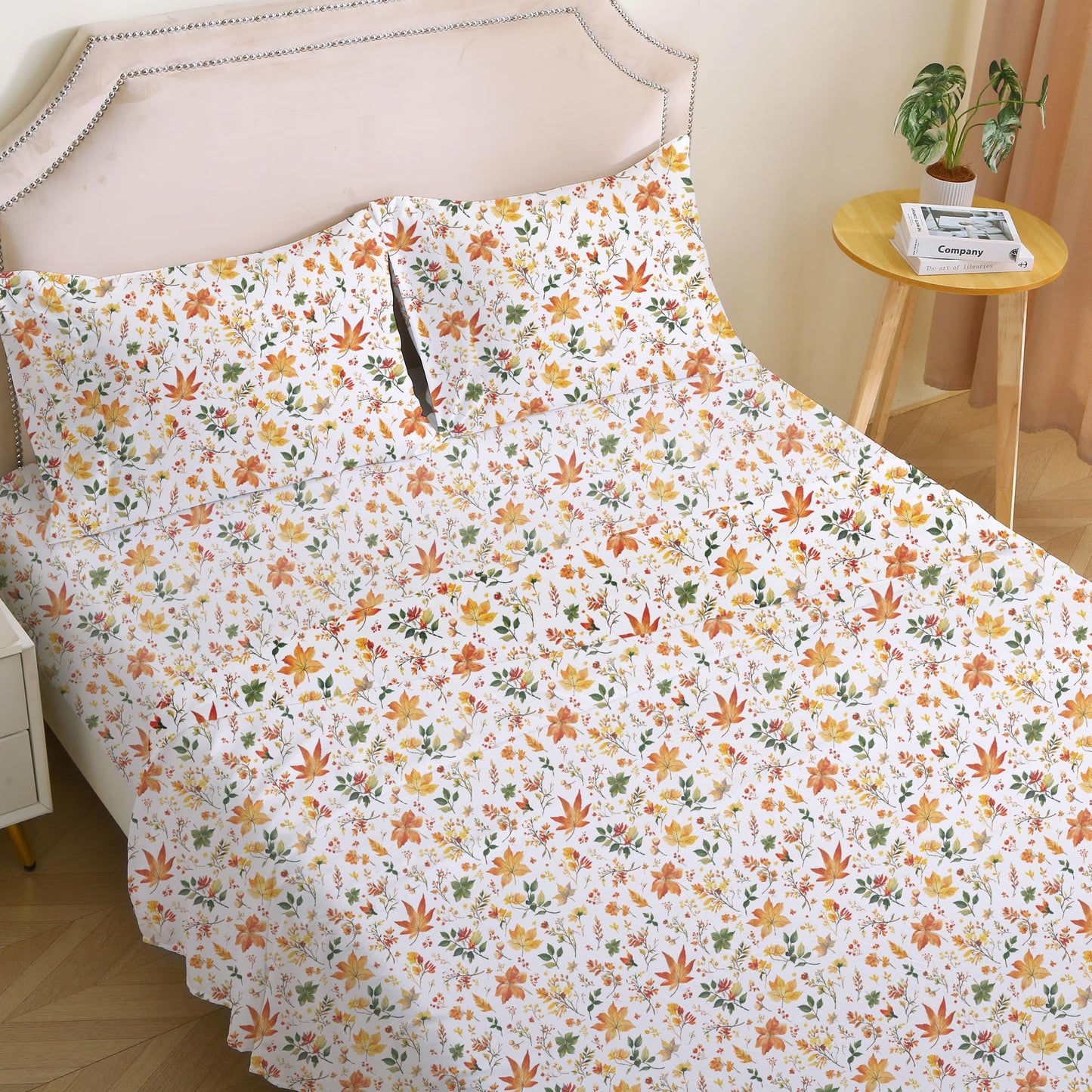 Viviland Floral Twin Sheet Set - 3 Piece Vintage Orange Maple Leaves Patterned Bed Sheets - Soft, Breathable Microfiber Sheets with Deep Pocket, Non-Slip Fitted Sheets & Pillowcases
