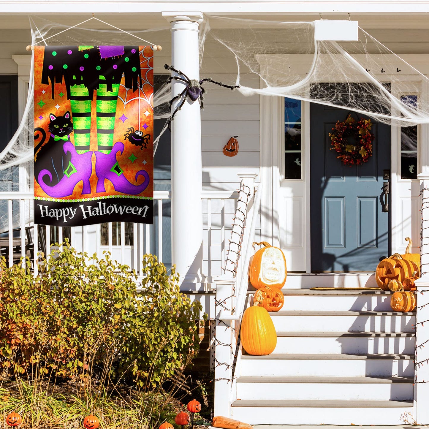Morigins Trick Or Treat Witch Feet 28 x 40 Black Kitty Spider Decorative Happy Halloween Double Sided House Flag