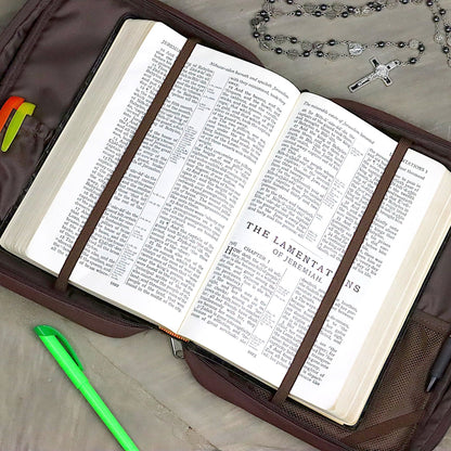 Bible Cover Dark Brown Vegan Leather with Scripture Verse Durable Bible Case with Elastic Page Holders Zipper Pocket Multiple Storage Options for Pens Notepad