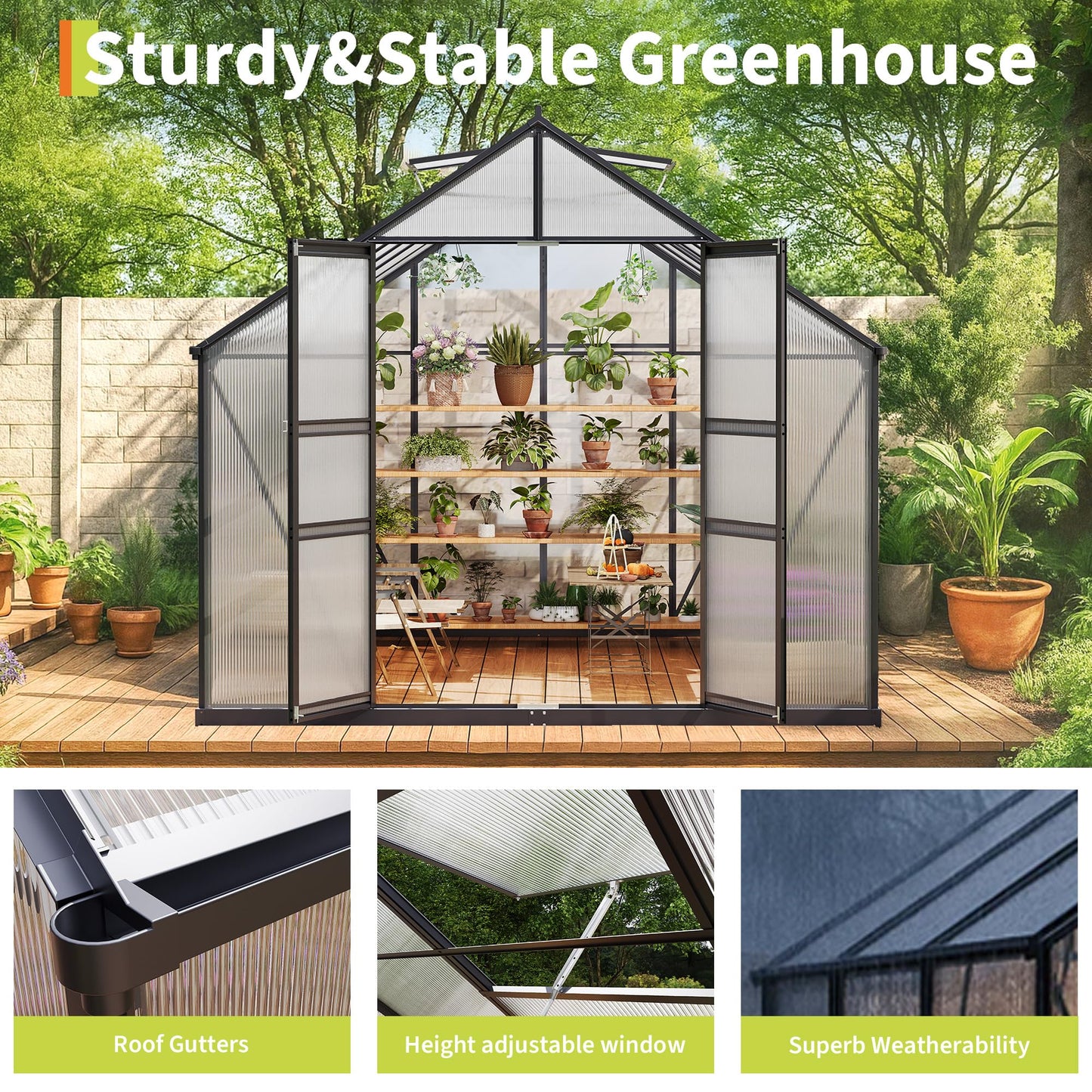 GarveeLife 8*12 ft Outdoor Walk-in Greenhouse, Polycarbonate Green House, Heavy Duty Greenhouse with Vented Roof Window, Windproof Aluminum Frame, Suitable for Outside Gardening, Backyard, Patio