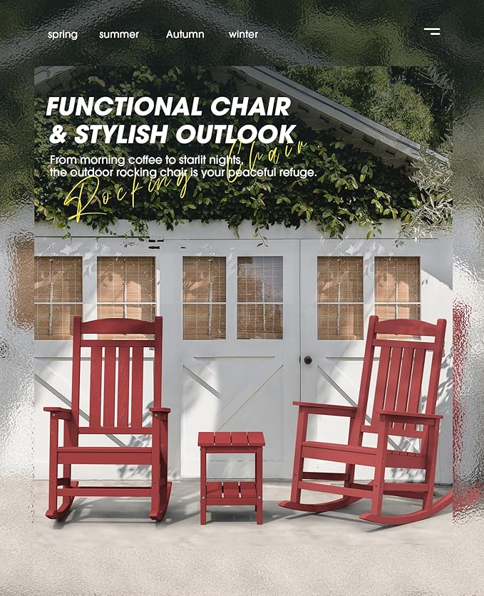 KINGYES Outdoor Rocking Chair Set of 2, High Density Polyethylene Patio Rocking Chairs with 330lbs Support for Adults, Dark Red