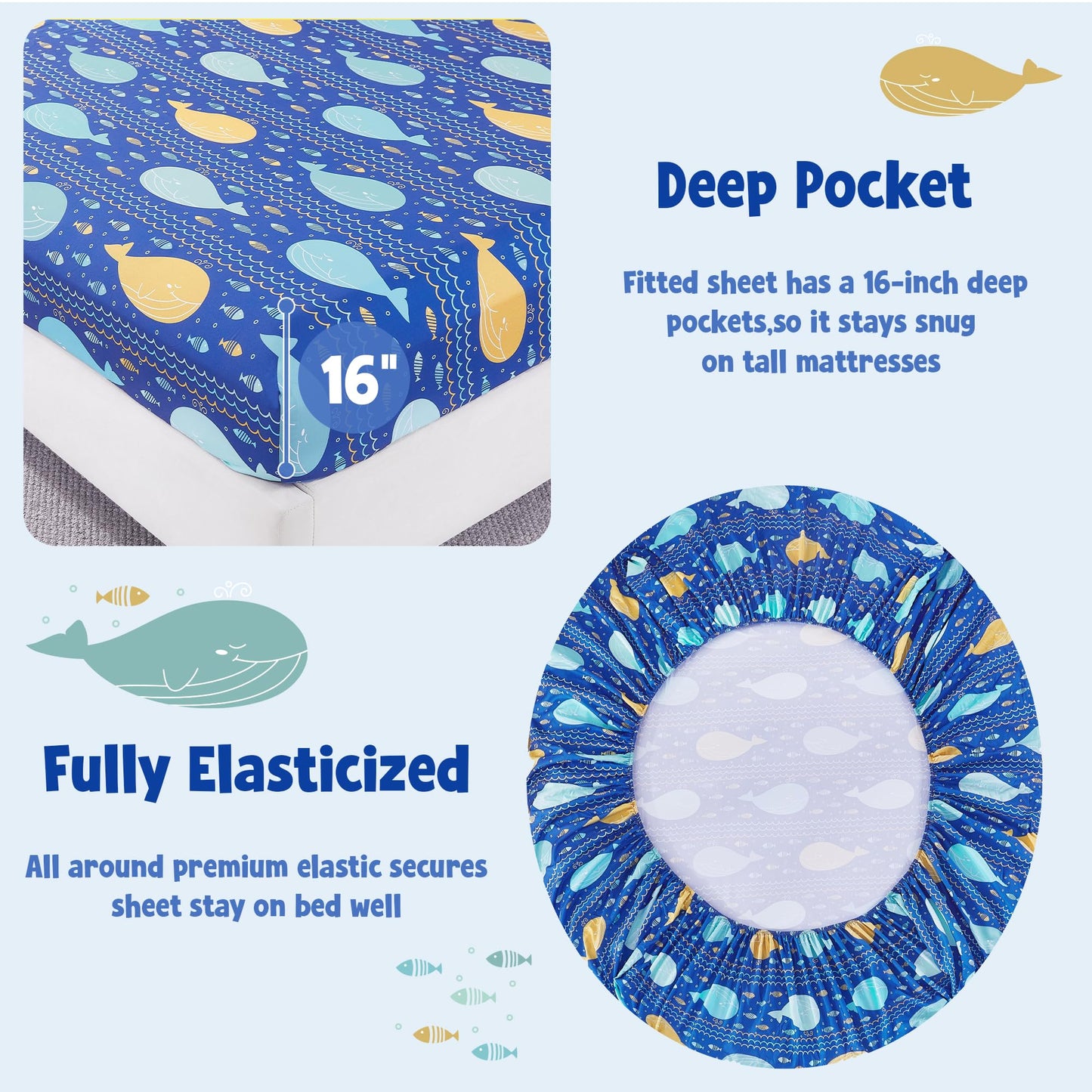 CozySmile Twin Sheet Set Kids,3 Pieces Breathable Soft Microfiber Bedsheets for Child Boys Girls, Oeko-TEX, Anti Pilling Deep Pockets Easy Care Bed Sheets, Whale