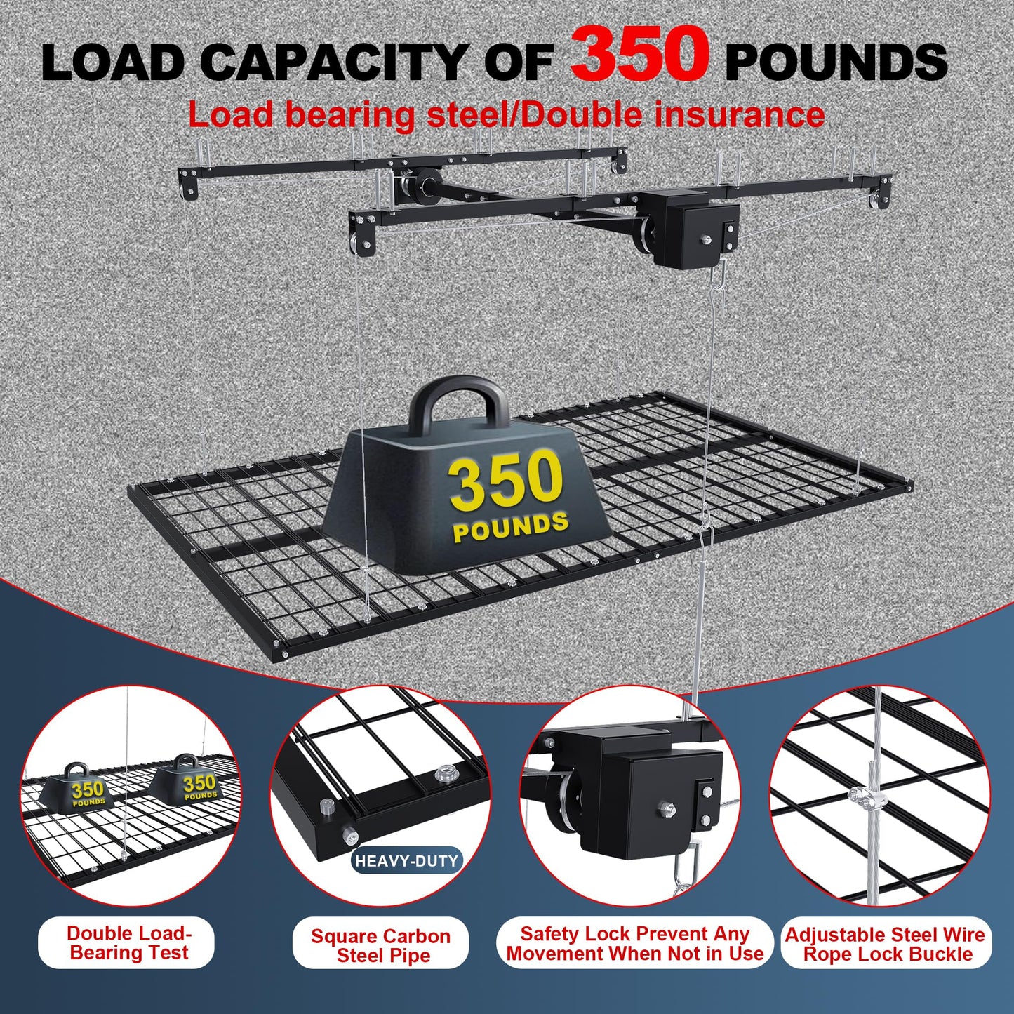 Leavader Manual Garage Storage Lift 4x8 FT for 10-12 ft Ceilings, Crank Down Overhead Storage Rack with Safety Lock, Heavy Duty Steel Garage Ceiling Storage System, 325LBS Capacity