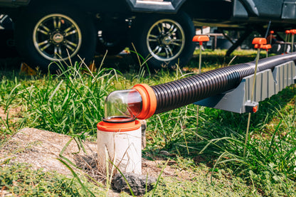 Camco RhinoFLEX 20-Ft Camper/RV Sewer Hose Kit - Features Clear Elbow Fitting w/Removable 4-in-1 Adapter - Connects to 3” Slip or 3”/3.5”/4” NPT Threaded Sewer Connection (39741)