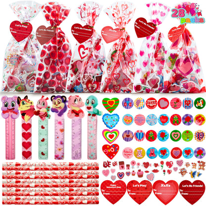 JOYIN 24packs Valentines Day Stationery Gifts, 96pcs Party Favor with Pencil, Erasers, Notebook & Bags for Kids School Classroom Exchange Supplies