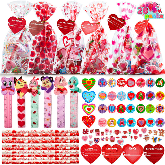 JOYIN 24packs Valentines Day Stationery Gifts, 96pcs Party Favor with Pencil, Erasers, Notebook & Bags for Kids School Classroom Exchange Supplies