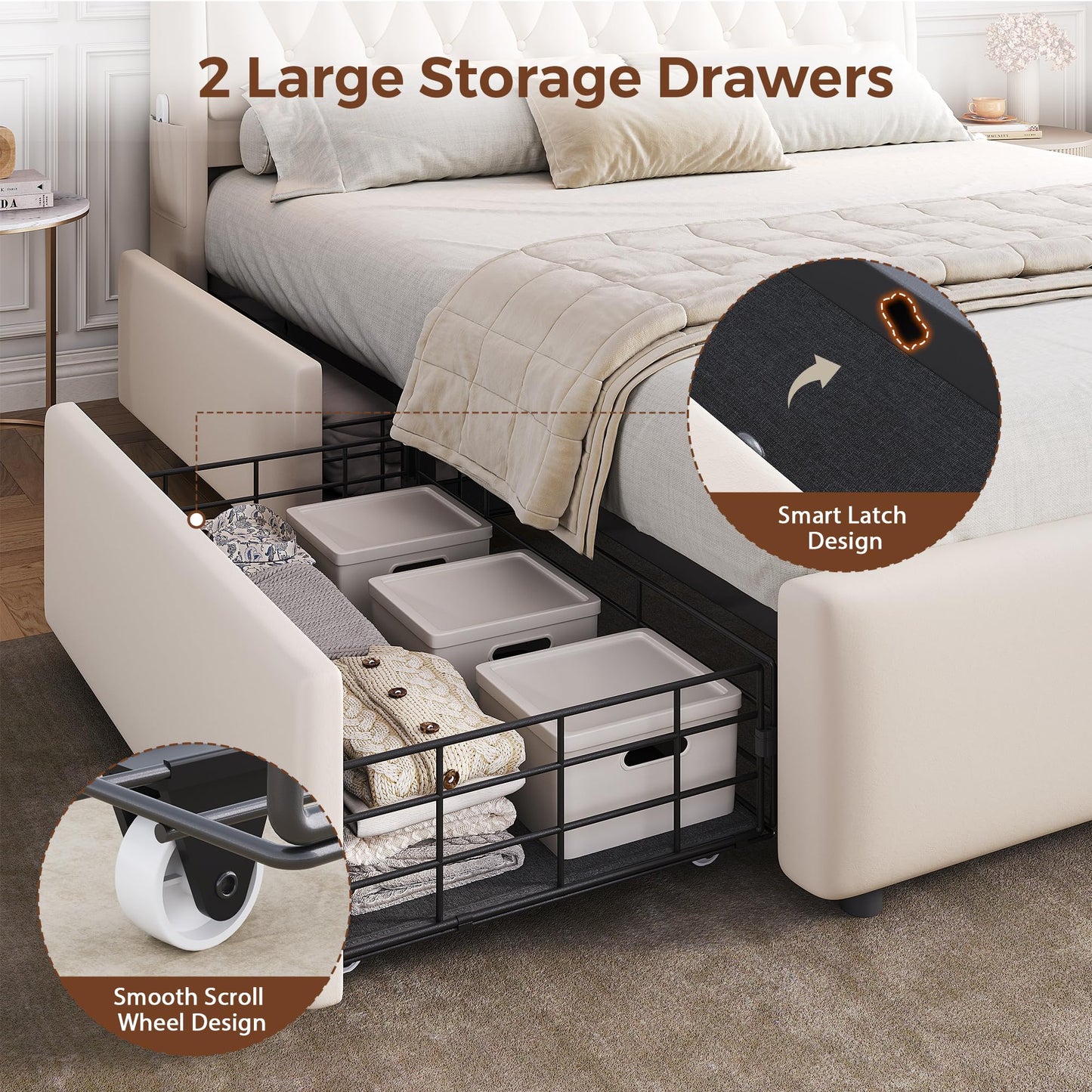 Queen LED Velvet Bed Frame with 2 Storage Drawers&Hidden Headboard, Upholstered Platform Bed with Charging Station&Button Tufted Design, Wooden Slats Support, Box Spring Optional, Easy Assembly, Beige