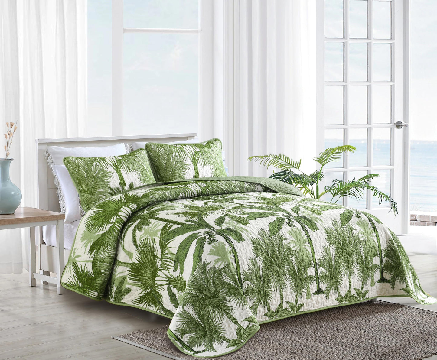 Luxudecor Tropical Plants Quilt Set King Size 3 Pieces Green Palm Botanical Bedspread Rainforest Style Bedding Set Soft Lightweight Bed Cover All Season 104"x90"