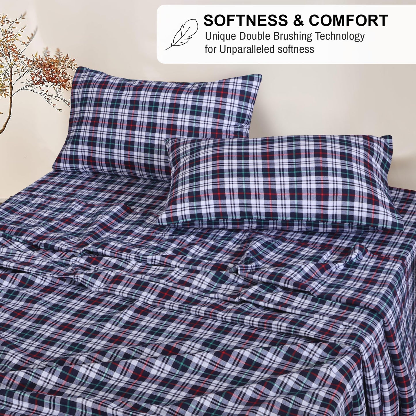 RUVANTI Flannel Sheets Queen Size - 100% Cotton Double Brushed Bed Sheets, Deep Pockets 16 Inches Queen Sheet Set, All Seasons Breathable & Extra Soft - Warm & Cozy, 4 Piece, Noel