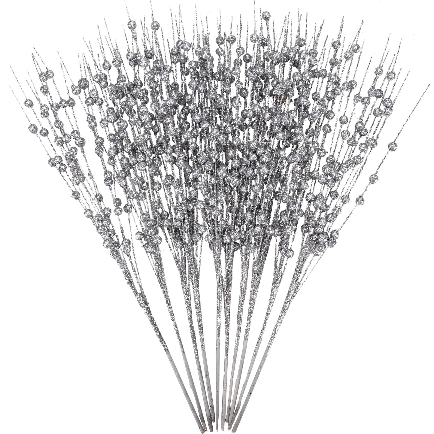 GREENTIME 10 Pack Silver Artificial Glitter Berry Stem Ornaments 15.7 Inches Fake Christmas Picks Decorative Glitter Sticks for Vase Christmas Tree DIY Wreath Crafts Fireplace Decor