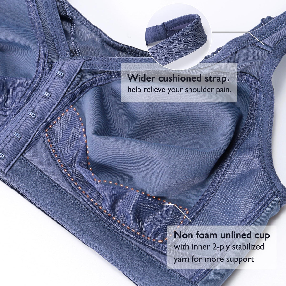DotVol Women's Full Figure Front Closure Wirefree Jacquard Back Support Posture Bra(Grey Blue,36D)