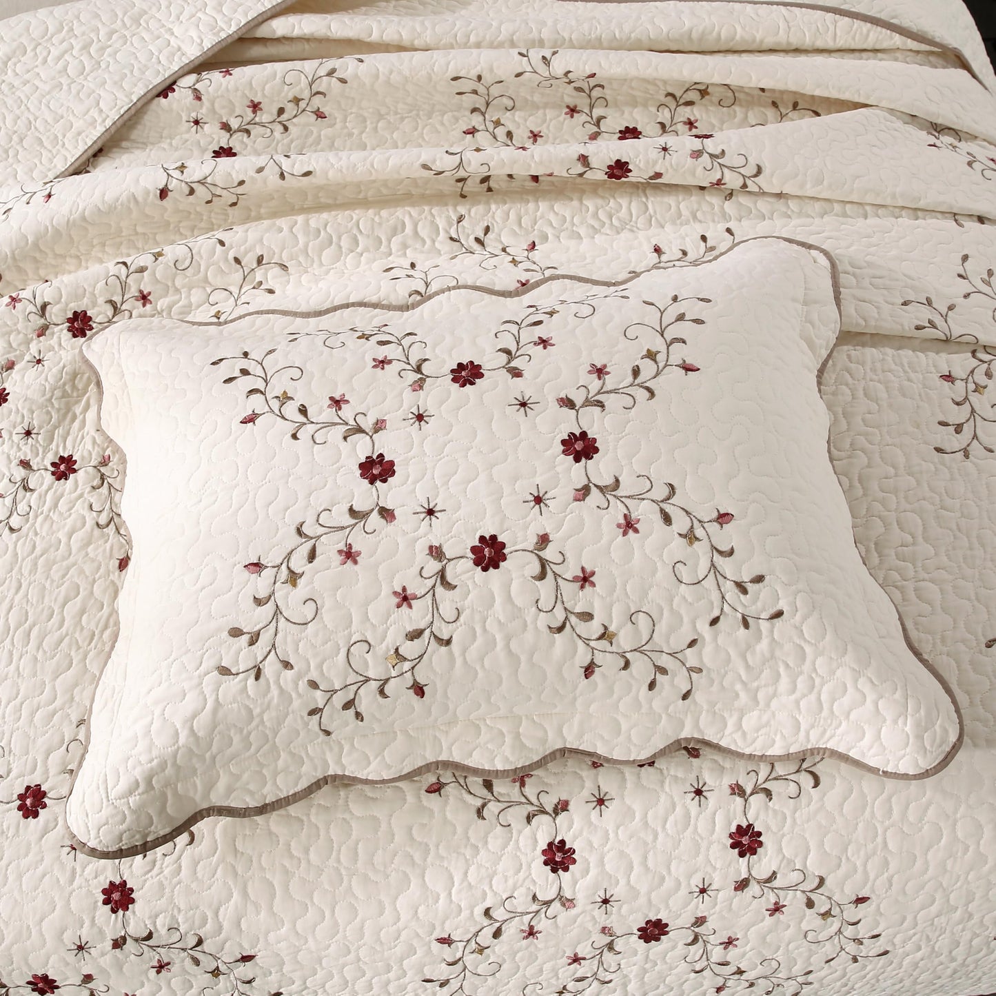 Quilt Set Floral Leaves 3D Embroidery Pattern 3 PCS Cotton Reversible Quilted Embroidered Decorative Bedspreads Coverlet Set, Lightweight &Soft Queen Size Beige Bedding Coverlet for All Season