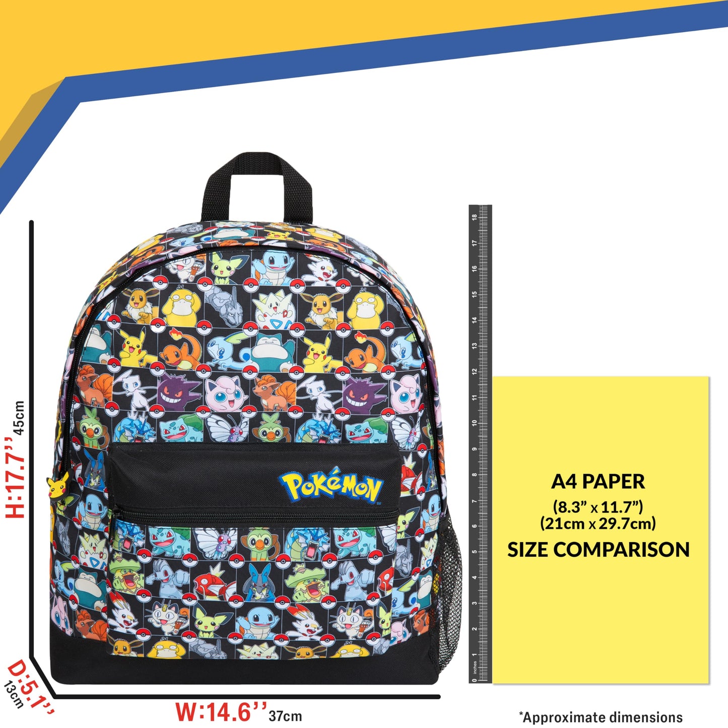 Pokemon Backpack for Kids Teenagers Pikachu Rucksack School Bag with Zipped Pockets Adjustable Straps Charizard Daypack for Travel Sports Anime Gifts (Multi AOP)