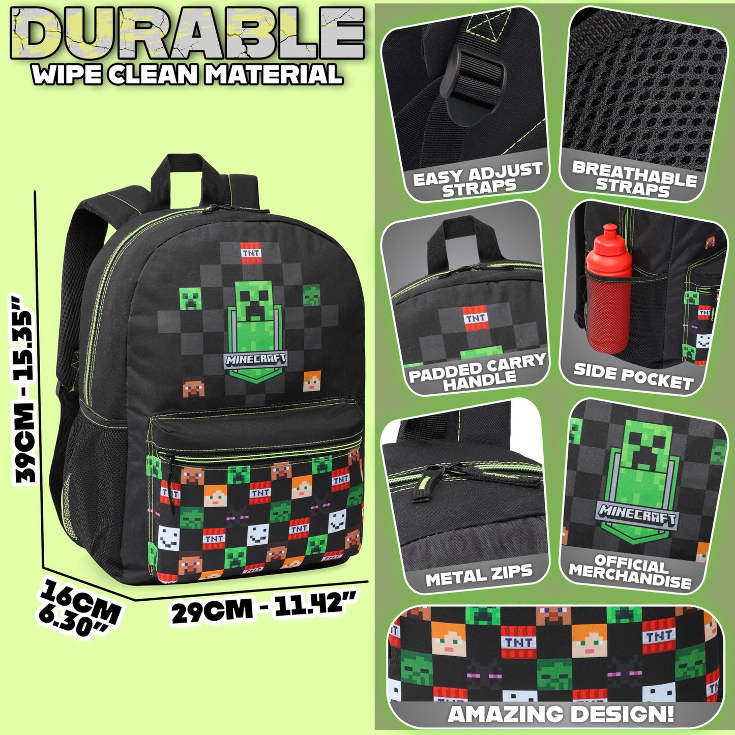 Minecraft Backpack for Kids Teenagers Gaming Rucksack School Bag Creeper Daypack Travel Bag for Days Out PE Sports Gamer Gifts (Black)