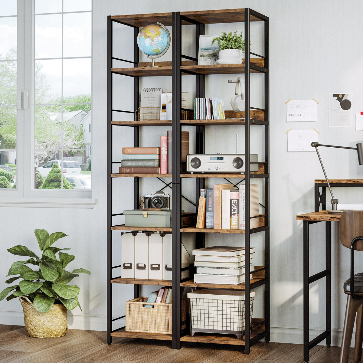 IRONCK 75" Tall Narrow Book Shelf, 6-Tier Open Corner Bookshelf, Industrial Metal Frame Square Display Storage Rack for Living Room, Rustic Brown