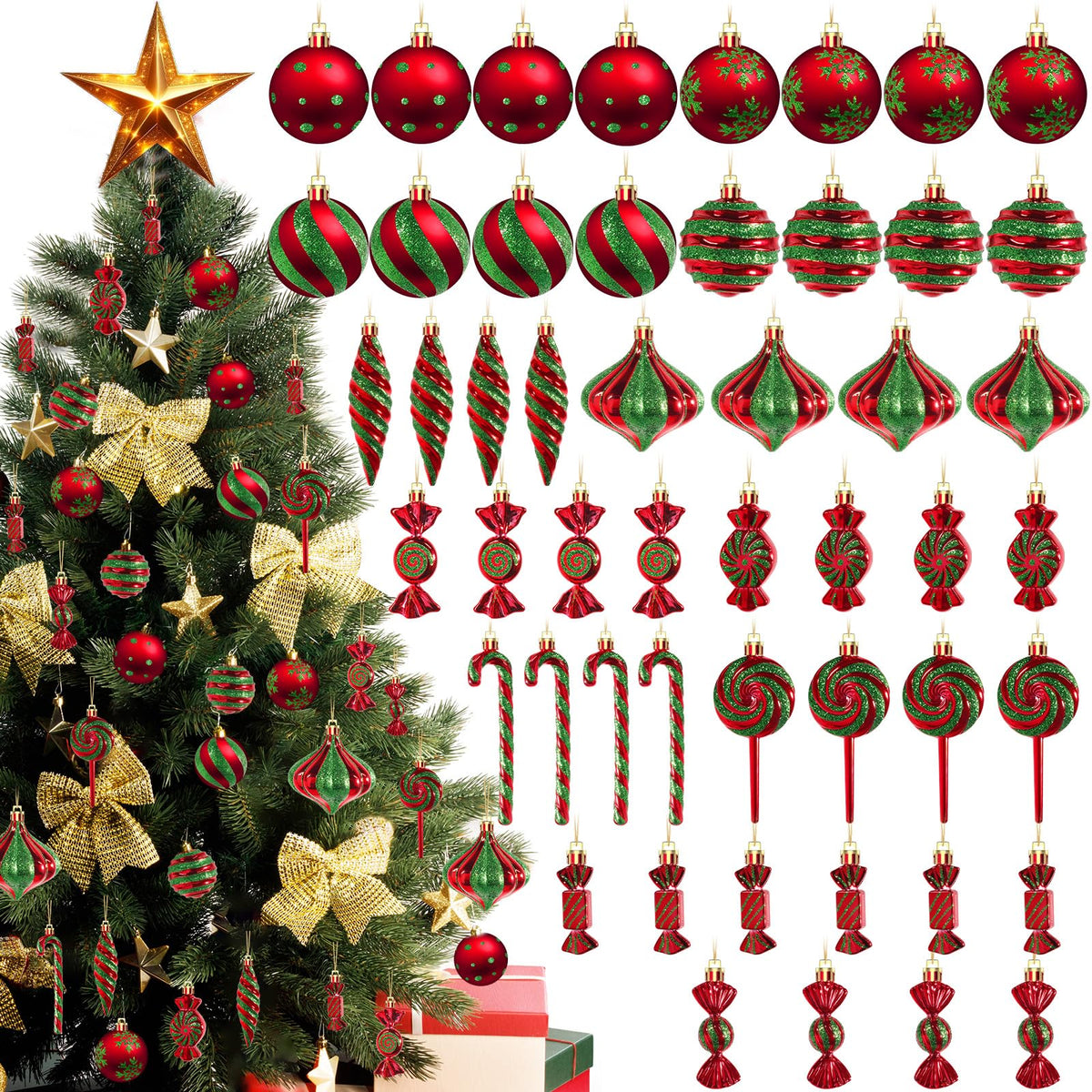 50PCS Christmas Ball Ornaments Candy Lollipop Set, Xmas Decoration Hanging Gloss Candy Canes Ball Pendants - Green Candy