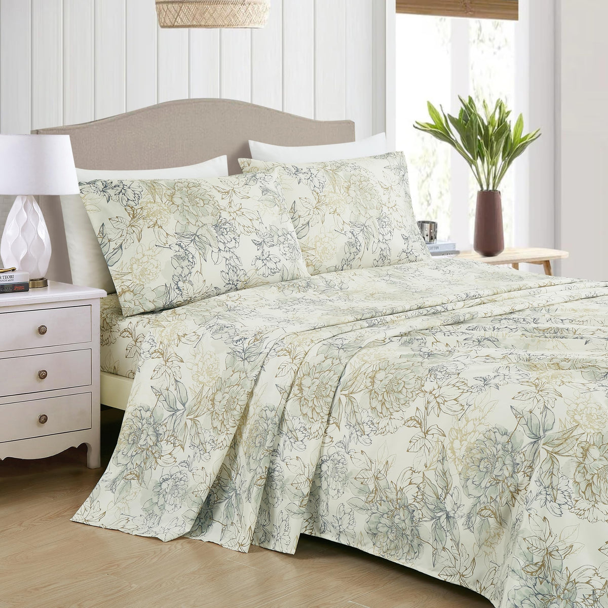 Chezmoi Collection Clematis 4-Piece Tranquil Floral Bed Sheet Set - Soft Green Gray Floral Printed Microfiber 14-Inches Deep Pocket Sheets & Pillowcases Set, California King