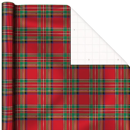 Hallmark Foil Christmas Wrapping Paper with Cut Lines on Reverse (3 Rolls: 60 sq. ft. ttl) Plaid Snowflakes, Snowmen, Red, Green and Blue Plaid