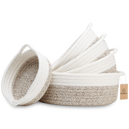 NaturalCozy 5-Piece Round Small Woven Baskets Set– Cotton Rope Baskets for Organizing! Montessori Toys, Fruits Remotes Key Tray Bowl for Entryway Desk, Shallow Catchall Home Décor, Cat Dog Bin Gift