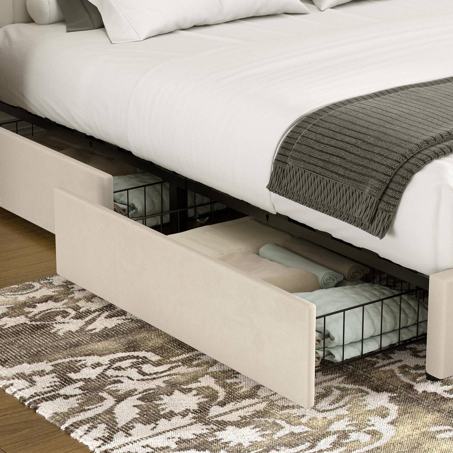 VECELO Queen Size Upholstered Bed Frame with 4 Drawers and Headboard, Velvet Platform Storage Bedframe, Wooden Slats Support, No Box Spring Needed, Beige