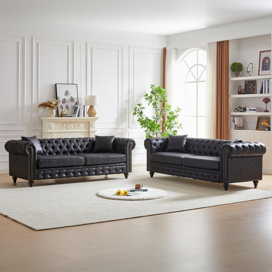 KEIKI Chesterfield Sofa, Retro Style Upholstered 3+3 Seats Tech Fabric Couch with Rolled Arm for Living Room Bedroom Office, Black