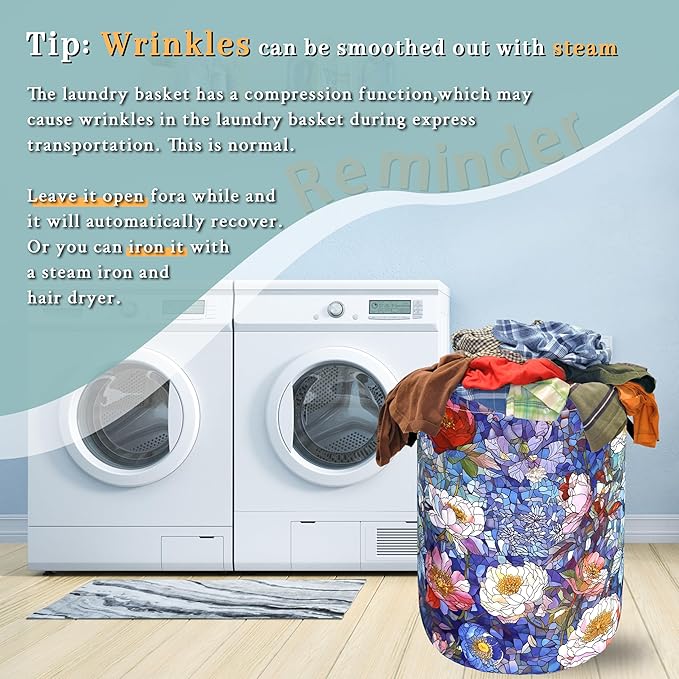 Blue Flowers Laundry Basket Glass Colorful Floral Foldable Funny Laundry Hamper