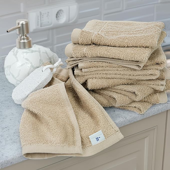 Tens Towels Pack of 12 Washcloths, 12 x 12 Inches, Lighter Weight, Quick to Dry