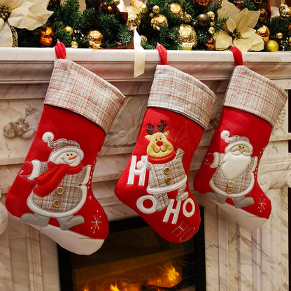 WEWILL Lovely Christmas Stockings Set of 3 Santa, Snowman, Reindeer, Xmas Character 3D Plush Linen Hanging Tag Knit Border for Family Kids