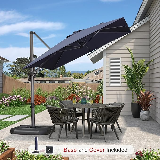 PURPLE LEAF 8'×8' Patio Cantilever Umbrella with Base Included Offset Outdoor Umbrella with cover Square umbrella outdoor patios for Backyard Pool Garden Navy Blue
