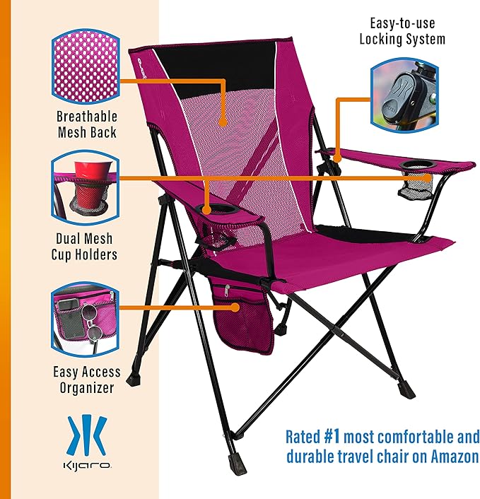 Kijaro Dual Lock Portable Camping Chairs - Enjoy the Outdoors with a Versatile Folding Chair for Sports, Lawn - Dual Lock Feature Locks Position – Hanami Pink